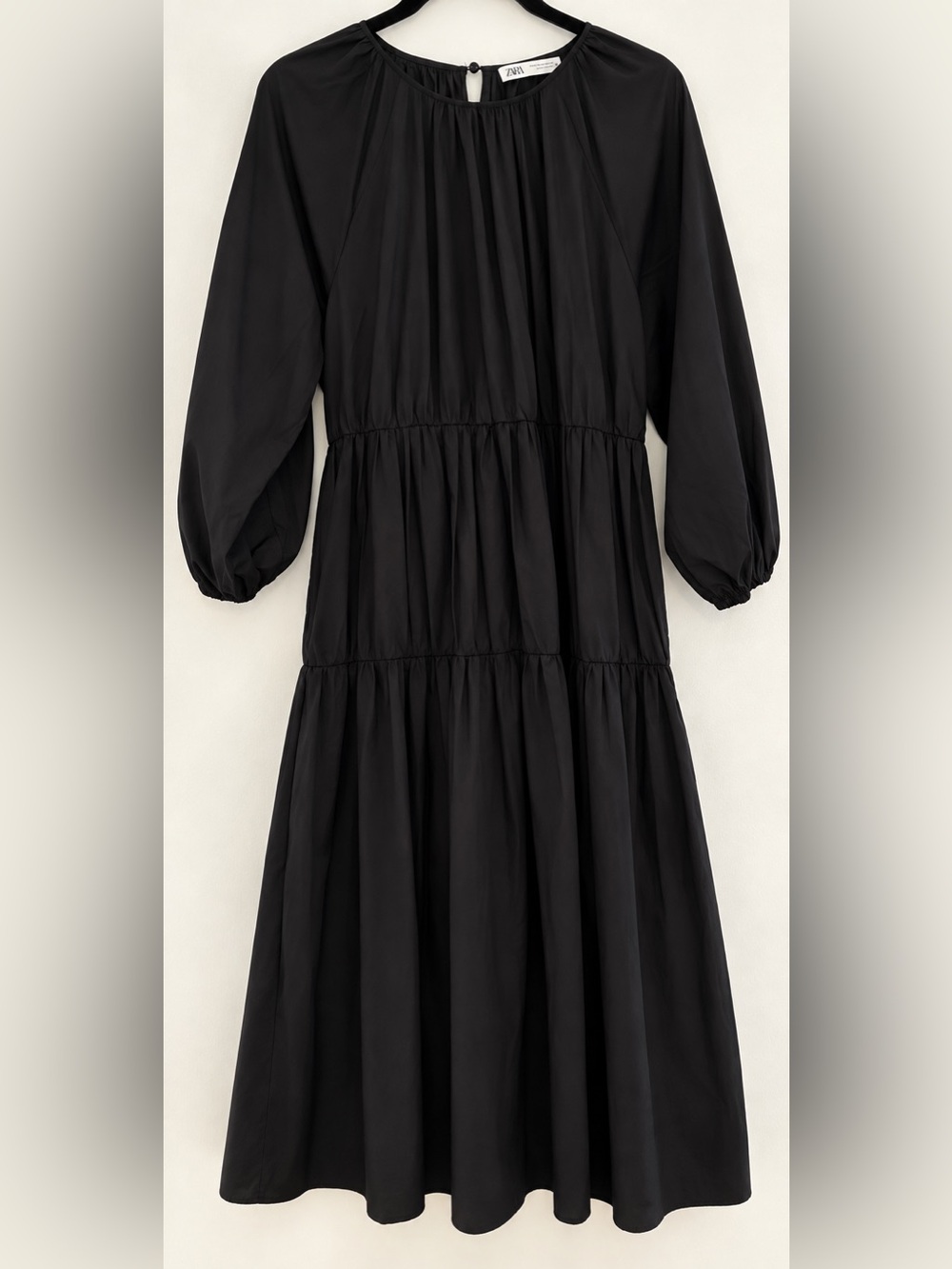 Zara Black Tiered Maxi Dress Size M Long Sleeve 100% Cotton Puff Sleeve